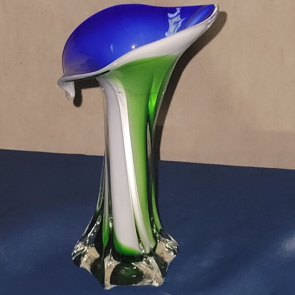 Murano Jack in the Pulpit Encased Glass Vase Handblown Blue White Green Swirl - Picture 2 of 16